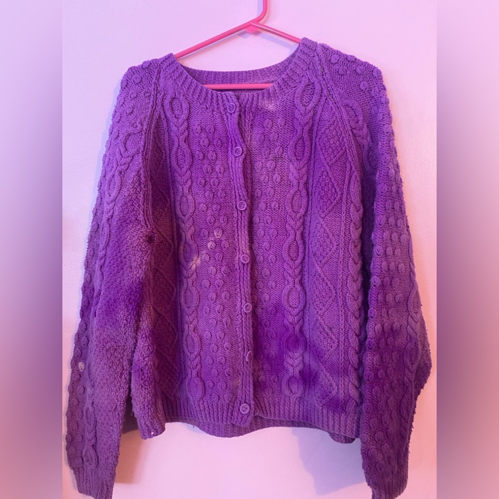 Vintage Handmade Cable Knit Sweater in a Purple Tie Dye Effect